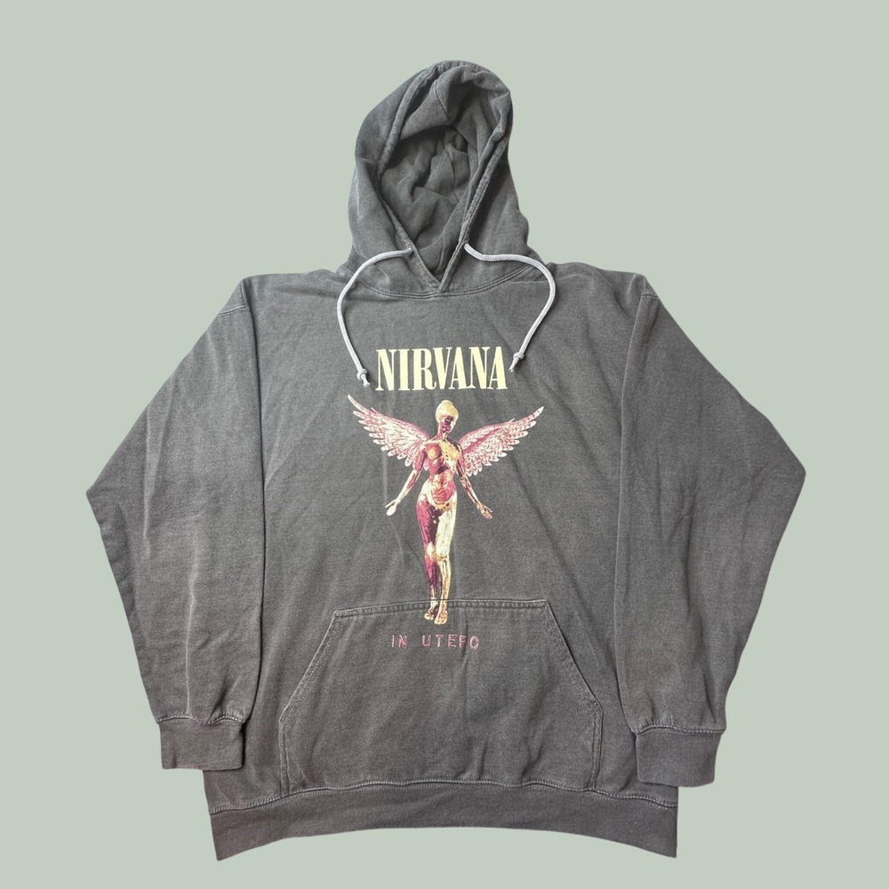 Nirvana Hoodie Mens M In Utero Angel Graphic Charcoal Gray Rock Band NEW